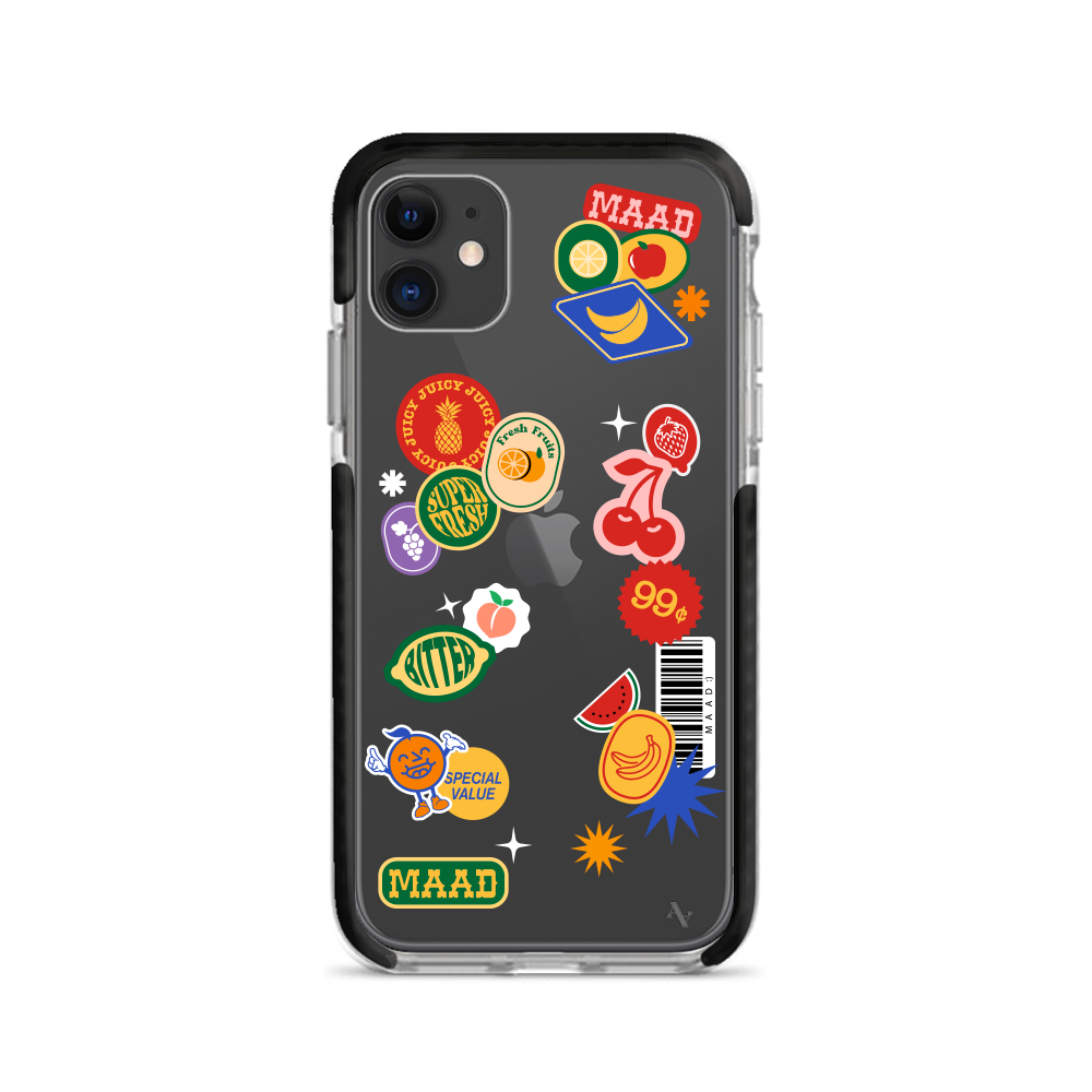 MAAD Fresh iPhone 12 Clear Case with vibrant fruit sticker design, showcasing slim and protective features.